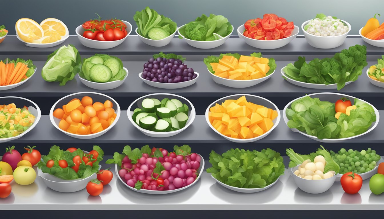 A colorful salad bar with a variety of fresh vegetables, fruits, and lean proteins displayed on a clean, modern counter