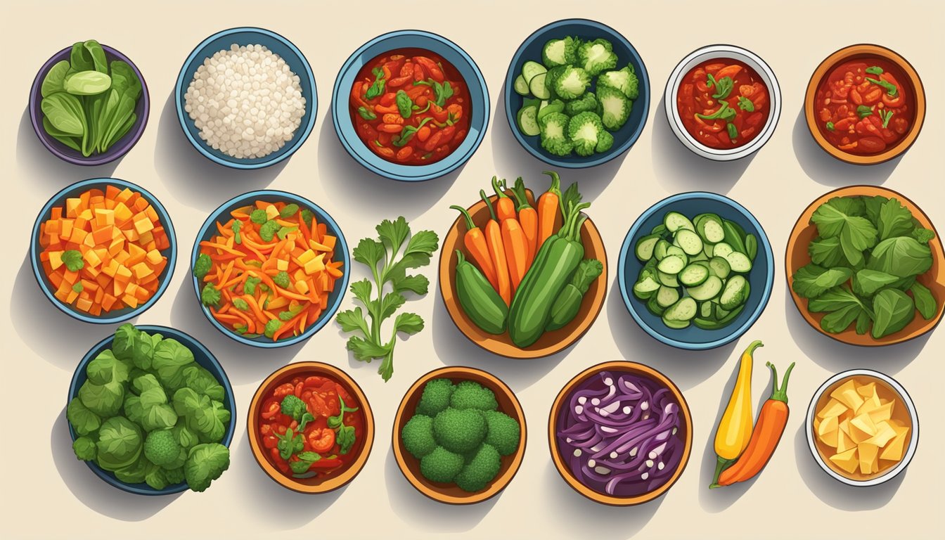 A colorful array of fresh vegetables and lean proteins arranged on a table, with a variety of healthy chili options displayed in vibrant bowls