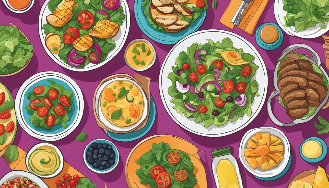 A colorful array of nutrient-rich appetizers, including fresh salads, grilled vegetables, and lean protein options, displayed on a vibrant table setting