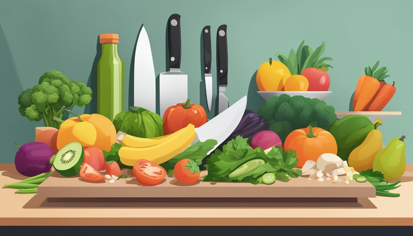 A colorful array of fresh fruits, vegetables, and lean proteins displayed on a clean, modern countertop. A chef's knife and cutting board sit nearby