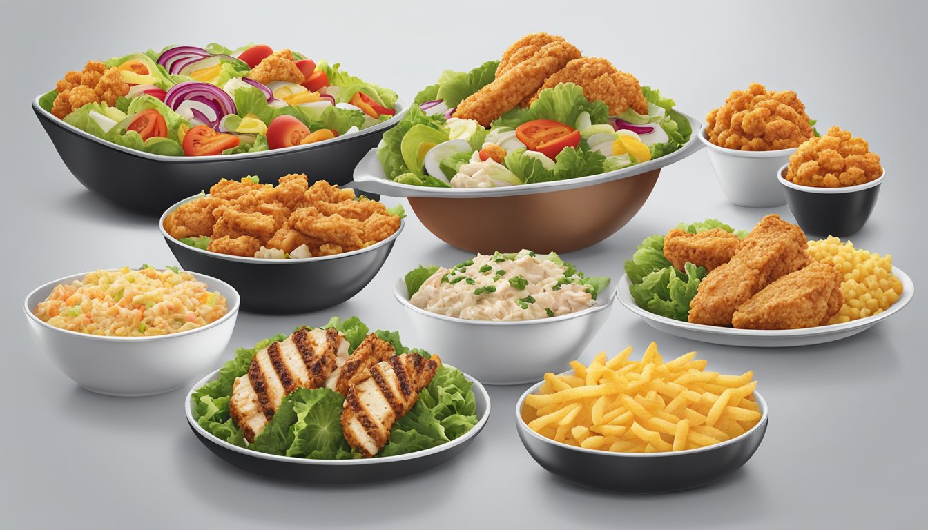 A colorful array of fresh salads, grilled chicken, and vegetable sides displayed alongside KFC's classic combo options