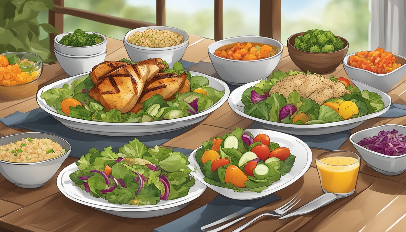 A table set with a colorful array of fresh salads, grilled chicken, and steamed vegetables, accompanied by a side of quinoa and a variety of flavorful dressings