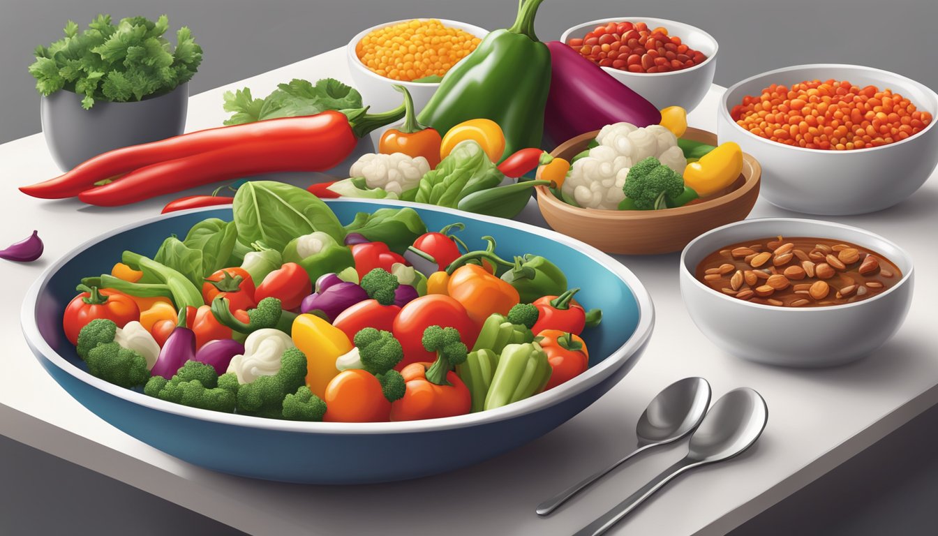 A colorful array of fresh vegetables and lean proteins arranged on a clean, modern table setting. A bowl of vibrant, steaming chili takes center stage among the lighter, healthier choices