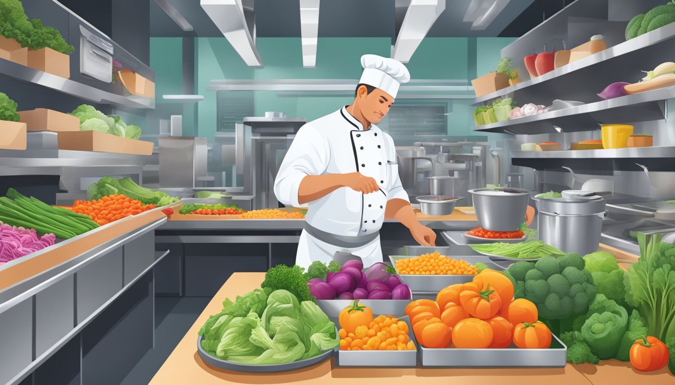 A chef preparing a colorful array of fresh vegetables and lean proteins in a bustling restaurant kitchen