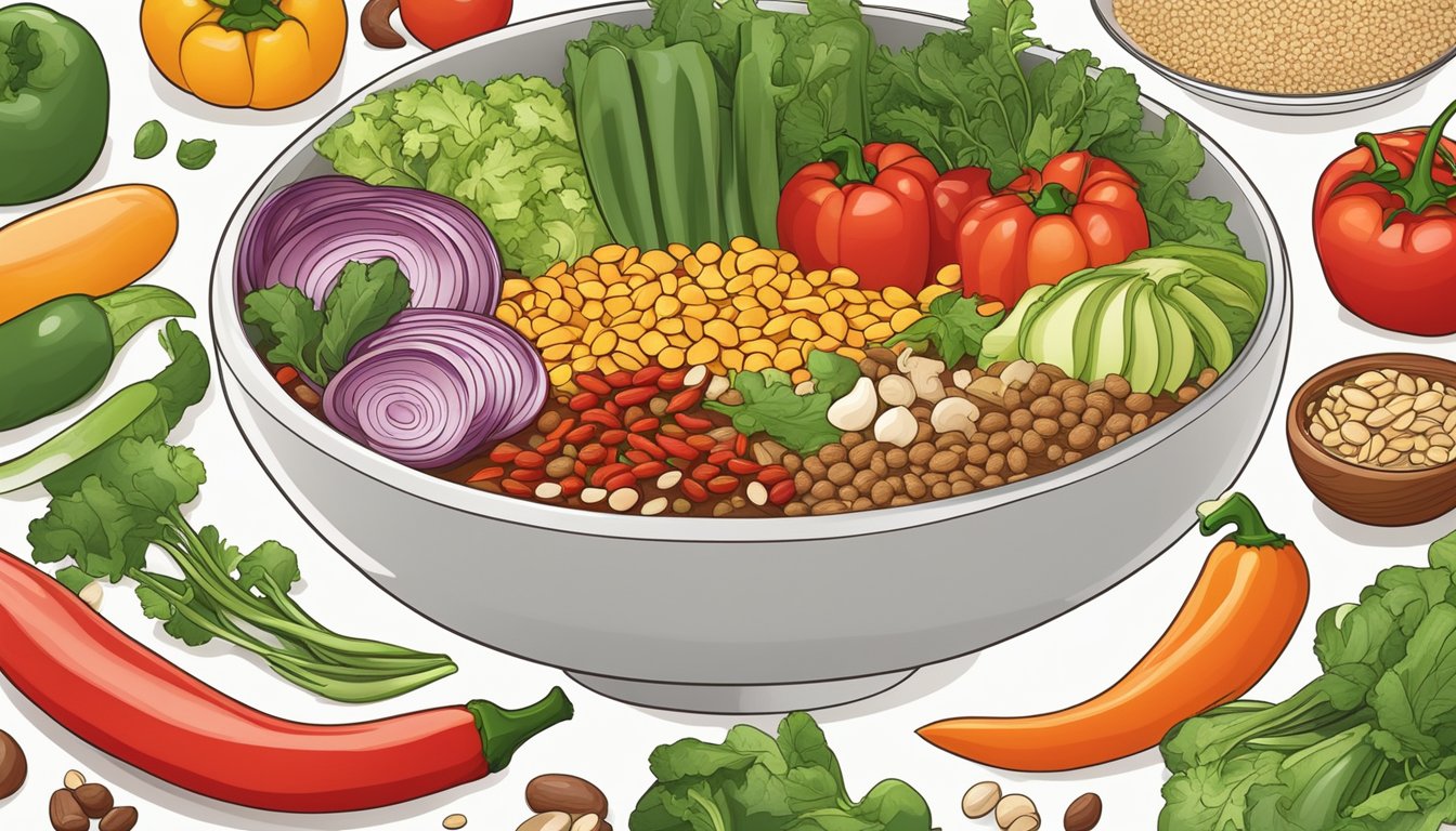 A colorful array of fresh vegetables, grains, and lean proteins arranged around a steaming bowl of nutrient-rich chili