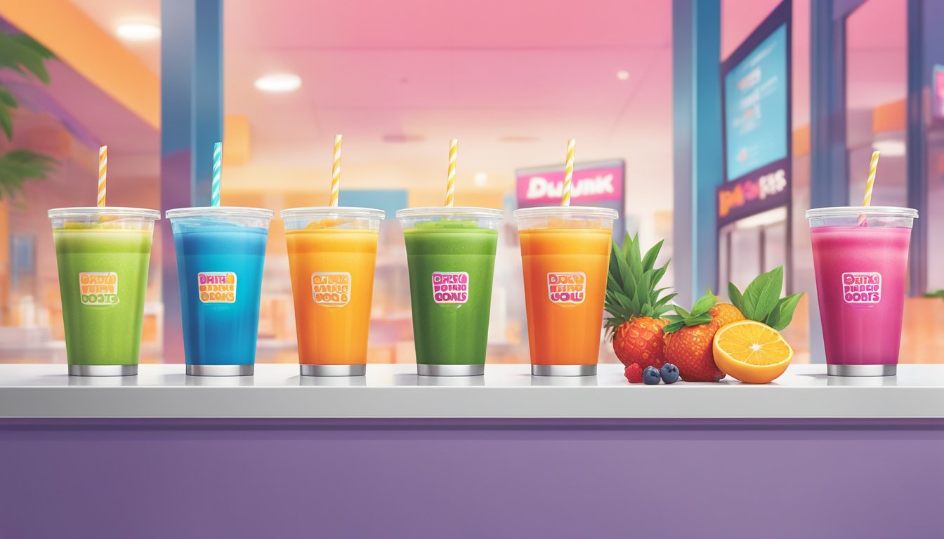 A variety of colorful and fresh fruit smoothies and iced teas displayed on a clean, modern counter at a Dunkin' Donuts location