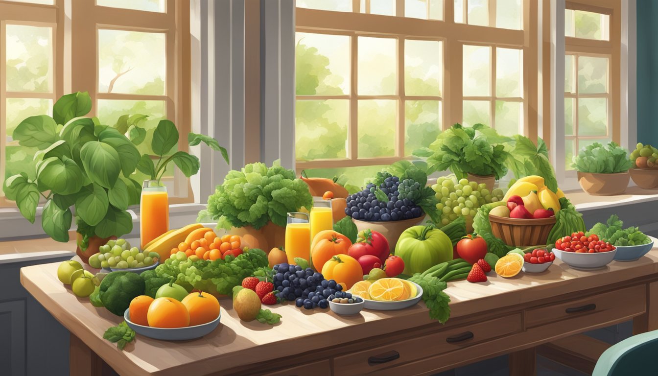 A table set with a colorful array of fresh fruits, vegetables, and lean proteins, surrounded by vibrant green plants and natural light streaming in through large windows