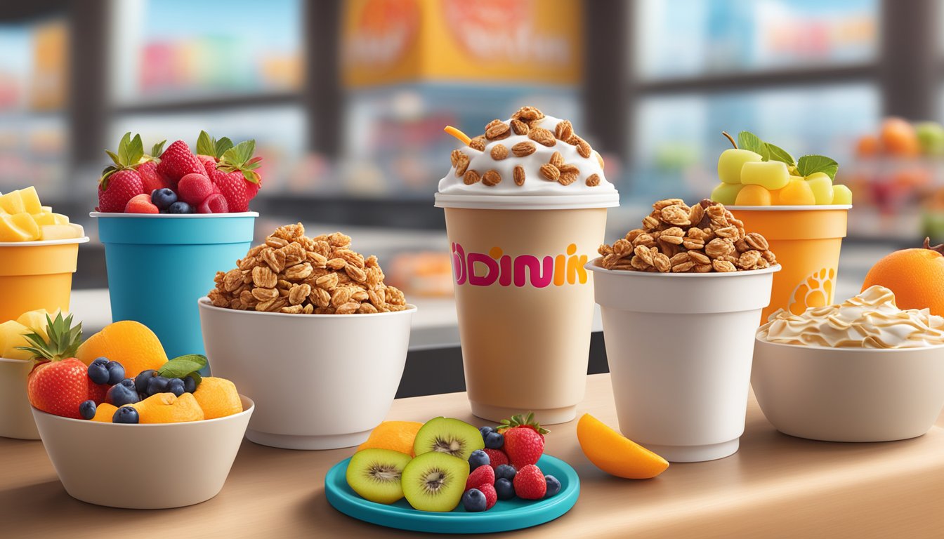 A colorful display of fresh fruit, granola bars, and yogurt parfaits at a Dunkin' Donuts counter