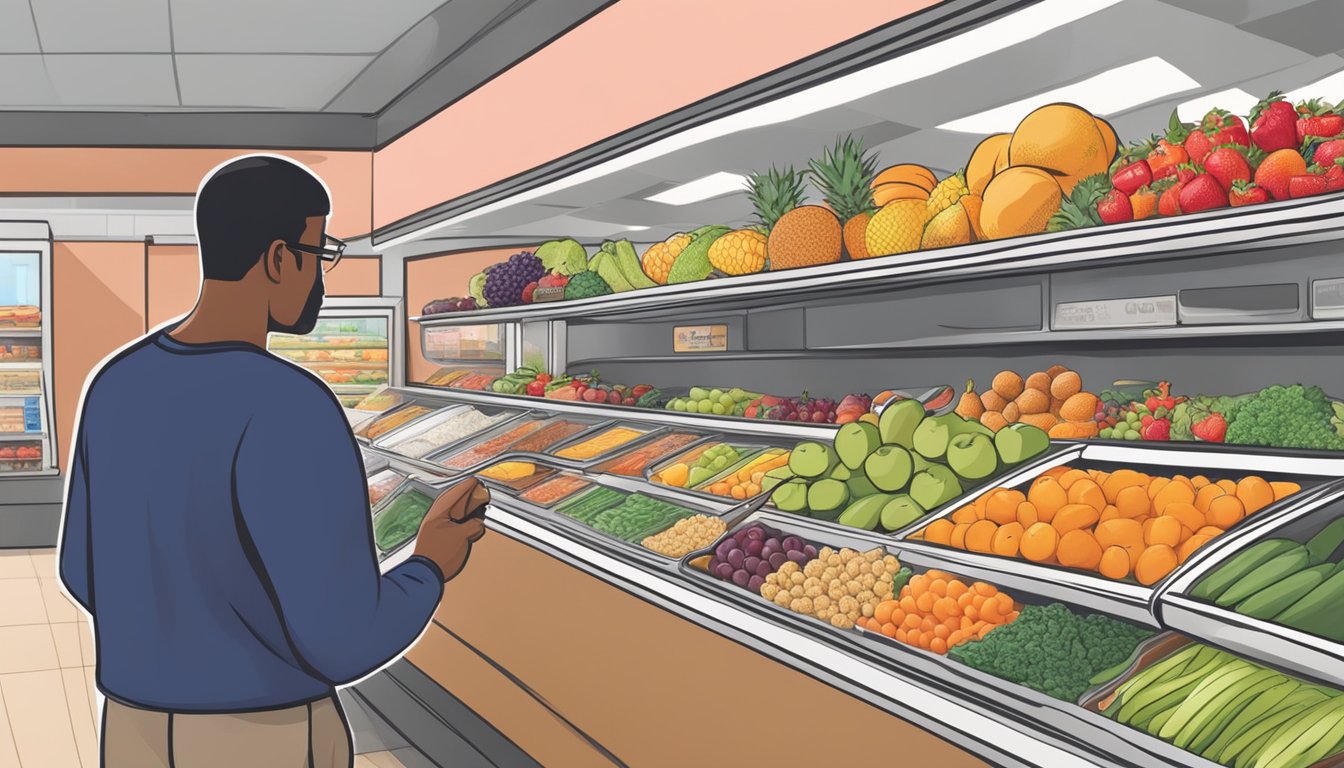 A person selecting from a variety of fresh fruits, vegetables, and whole grain options at a Dunkin' Donuts counter