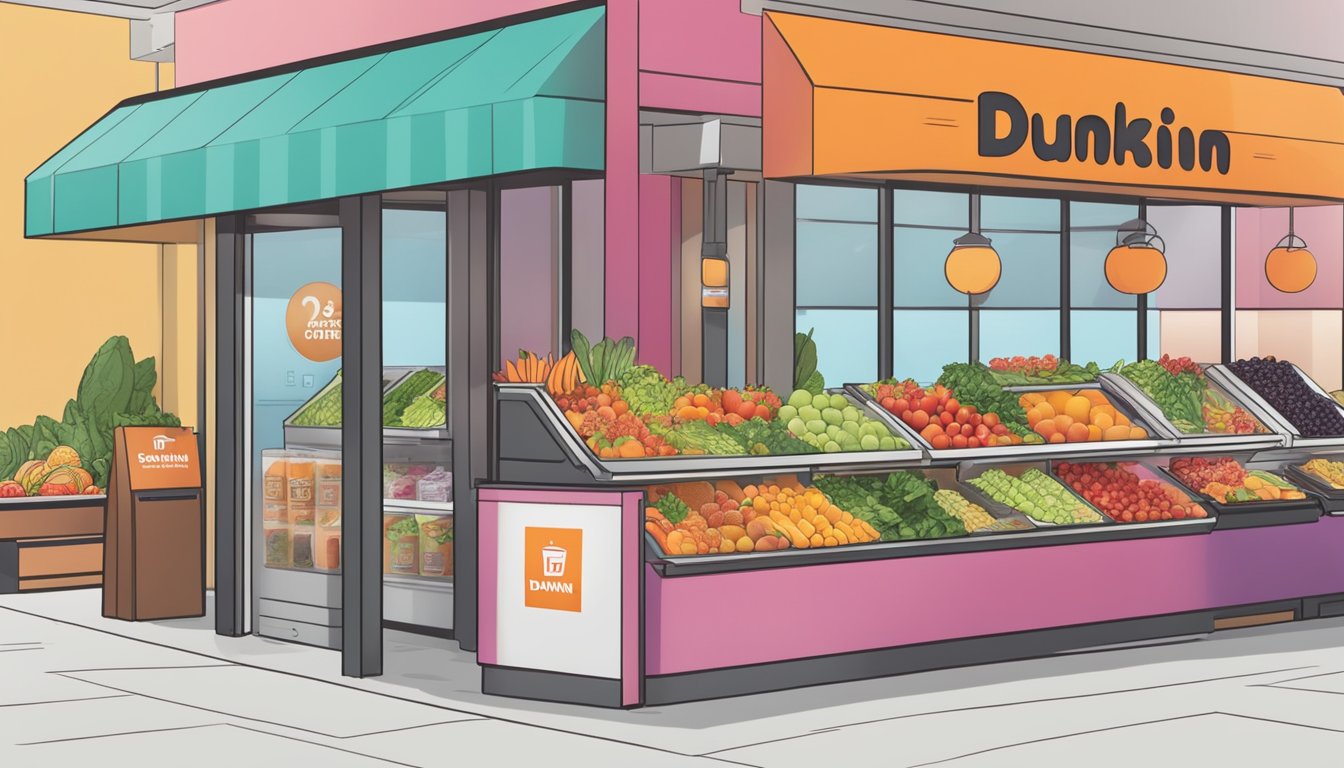 A display of fresh fruits, salads, and smoothies at Dunkin' with a sign indicating "Seasonal Offerings and Limited-Time Choices."