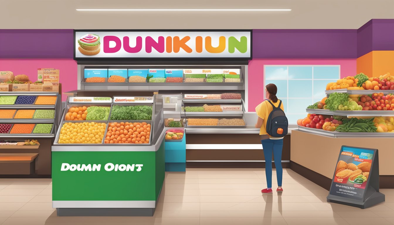 A colorful display of fresh fruits, vegetables, and whole grains at a Dunkin' Donuts store, with clear signage highlighting healthy options