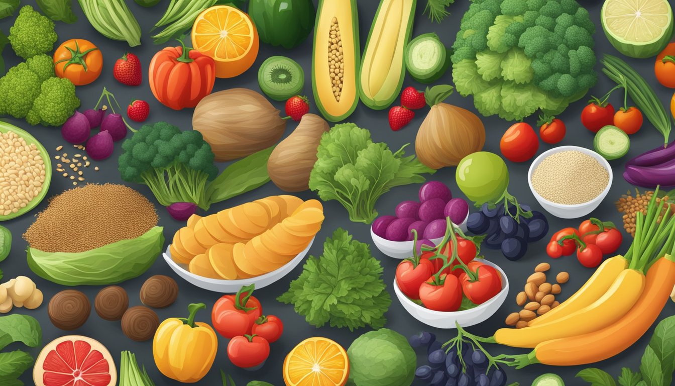 A colorful array of fresh vegetables, fruits, and grains arranged on a table, with a variety of allergen-friendly and special dietary requirement options highlighted