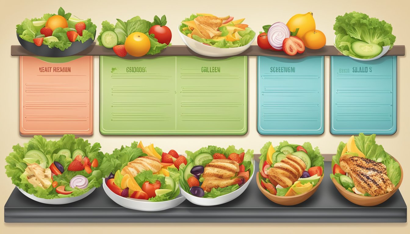 A colorful menu board with fresh salads, grilled chicken, and fruit options displayed prominently