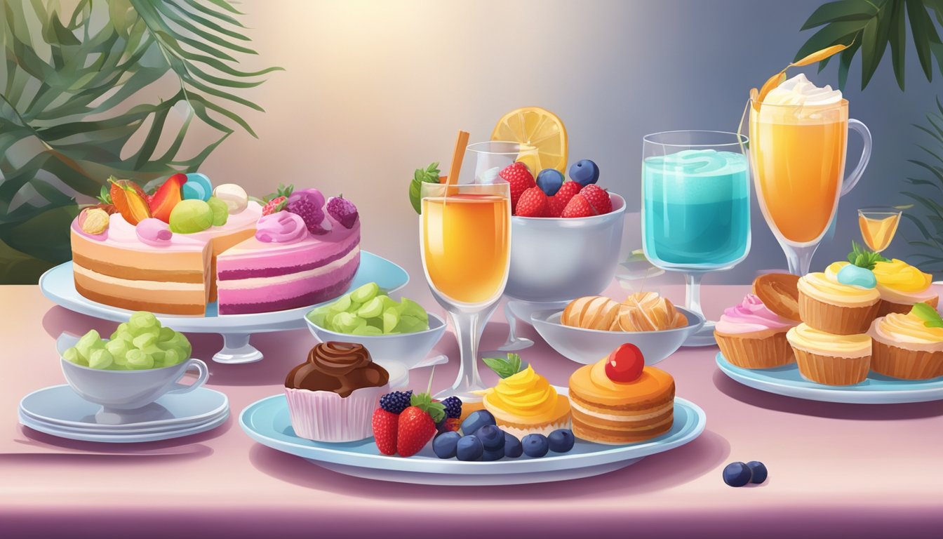 A table set with a variety of colorful and appetizing desserts, accompanied by a selection of after-dinner beverages