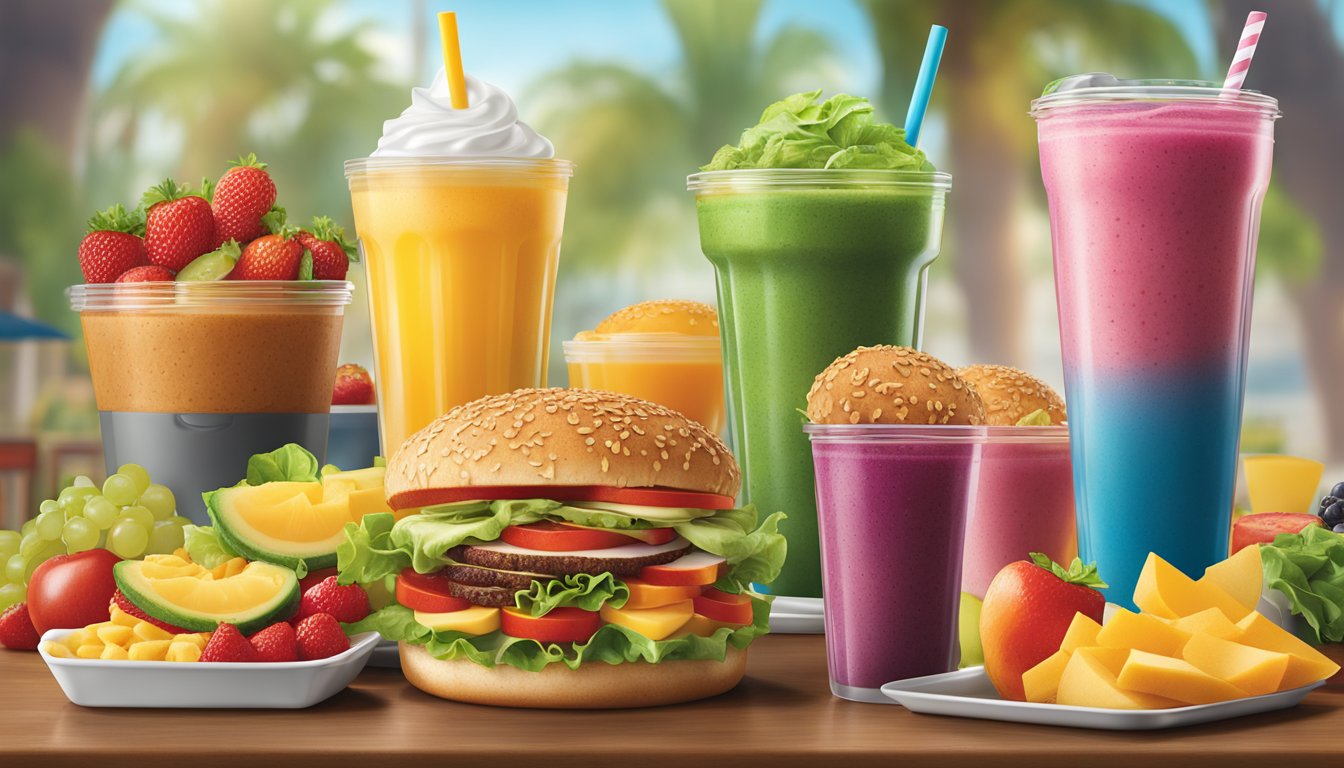 A variety of fresh fruit smoothies and salads displayed alongside classic burgers at Burger King