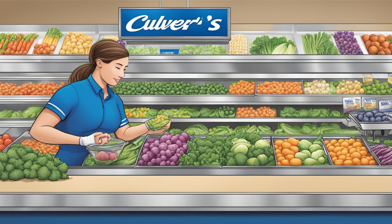 A person selecting fresh vegetables and lean protein at a Culver's counter