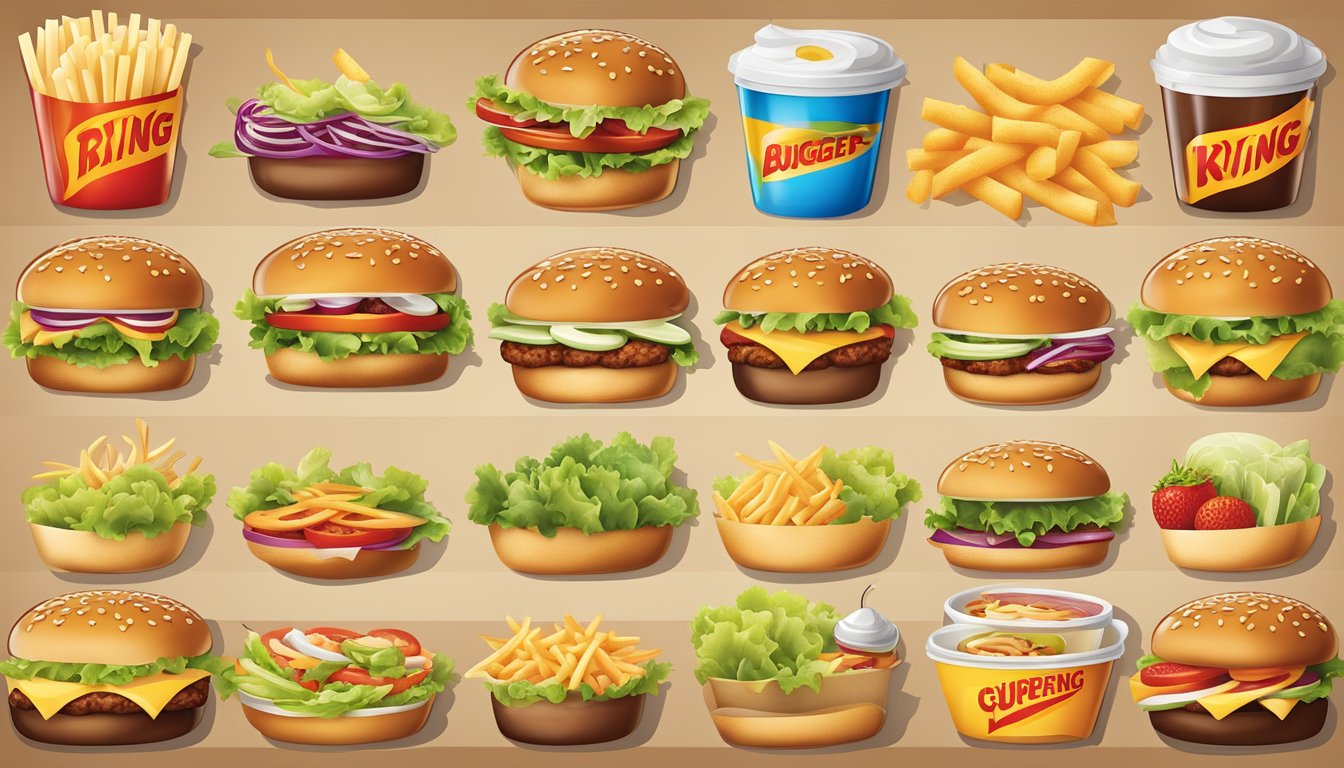 A colorful Burger King menu board with a variety of fresh, healthy food options such as salads, grilled chicken sandwiches, and fruit cups