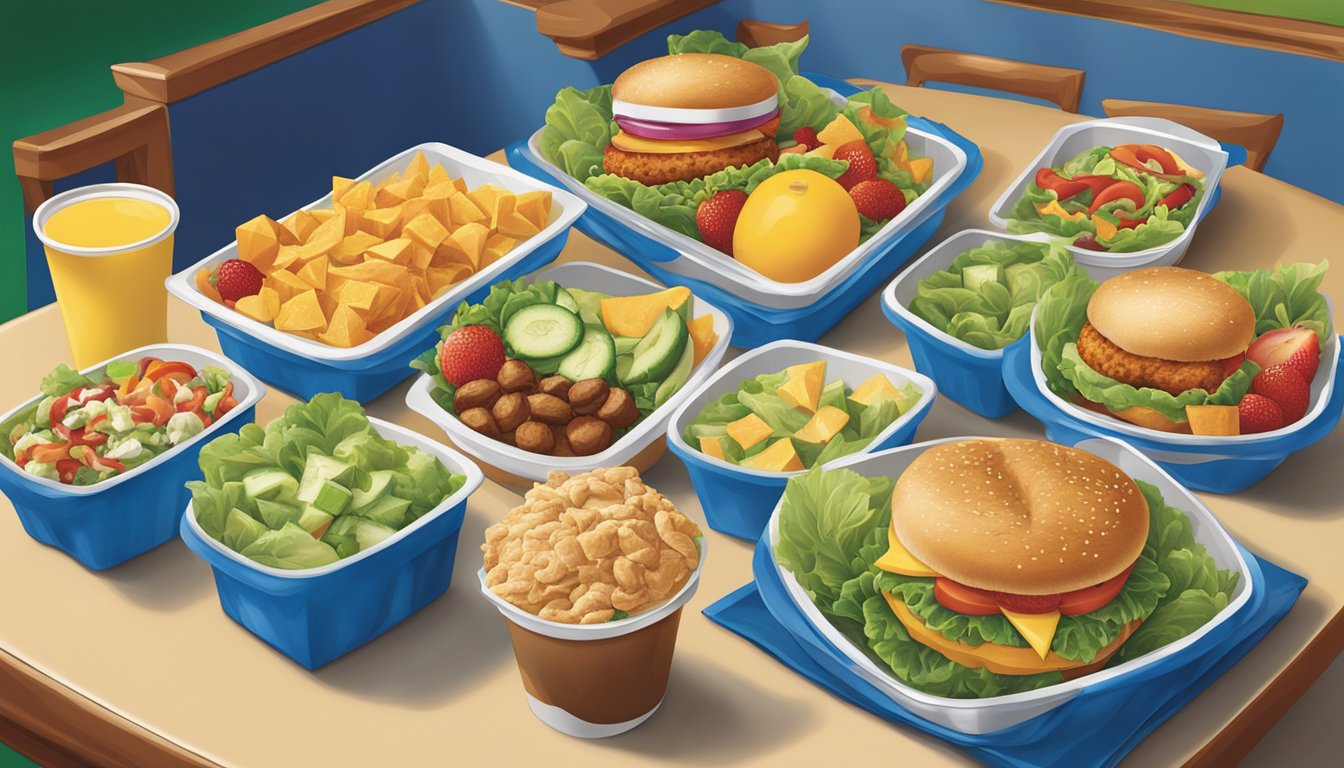 A colorful display of fresh salads, grilled chicken sandwiches, and fruit cups at a Culver's fast food restaurant