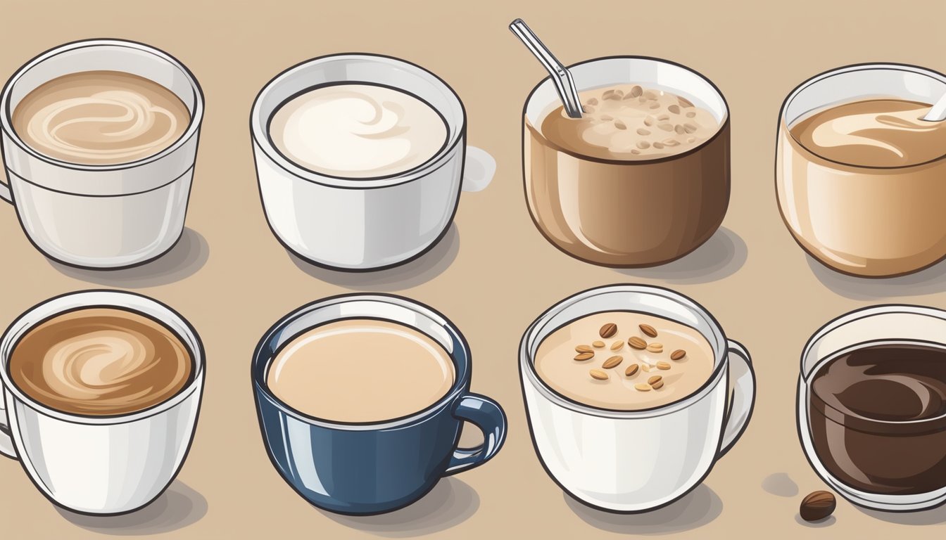 A variety of healthy coffee creamer options, such as almond milk, coconut milk, and oat milk, displayed beside a steaming cup of coffee