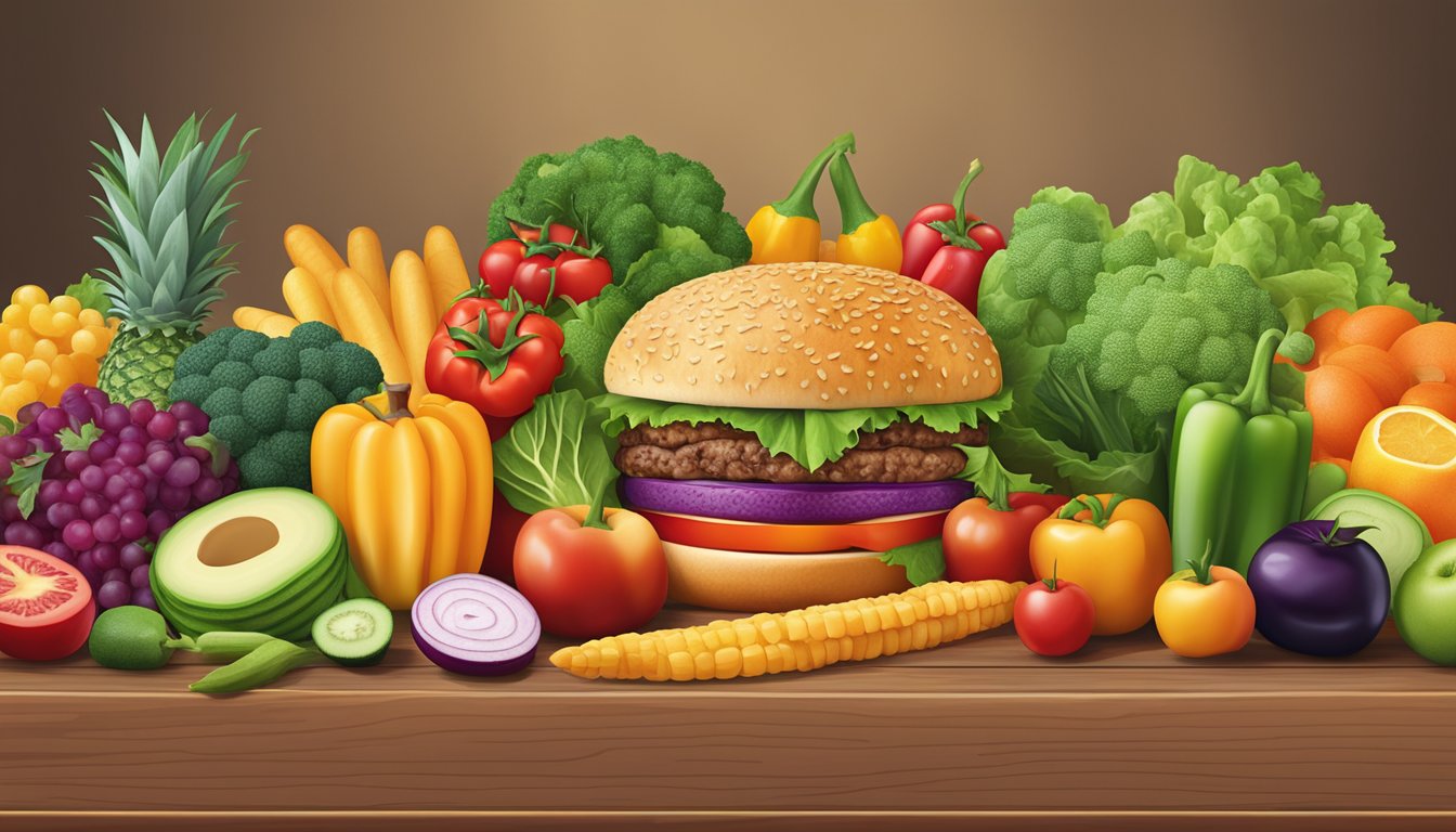 A diverse array of fresh, colorful vegetables and fruits arranged neatly on a wooden table, with a Burger King logo in the background