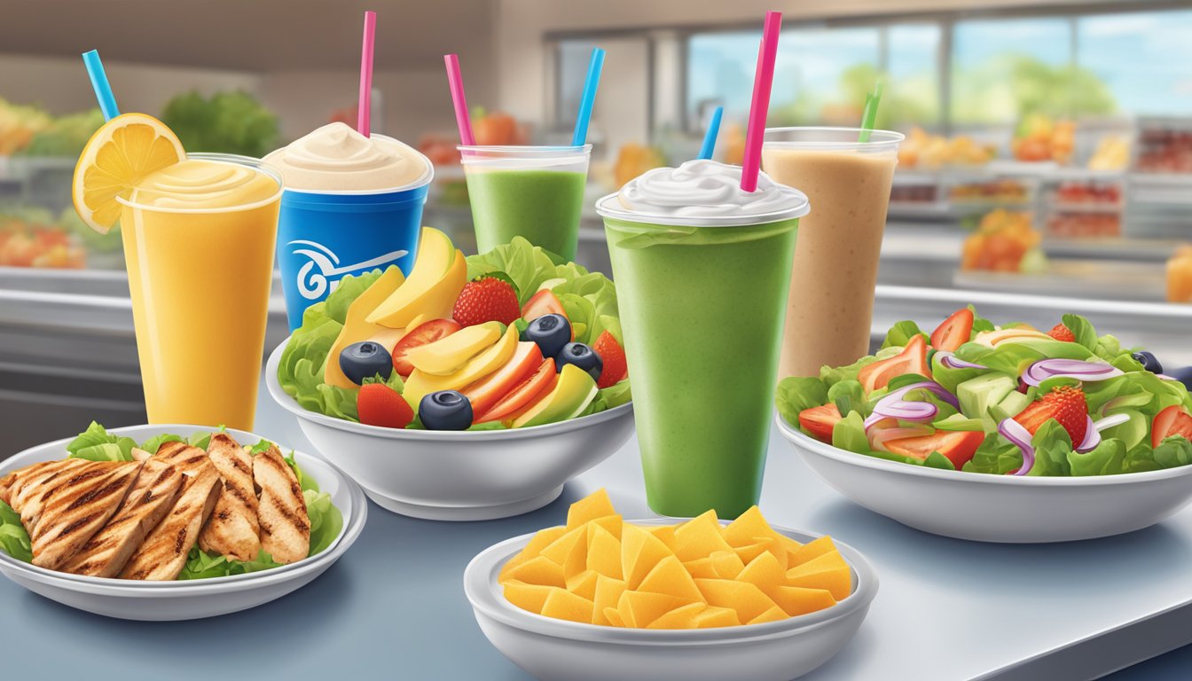 A colorful display of fresh salads, grilled chicken wraps, and fruit smoothies at a Dairy Queen counter