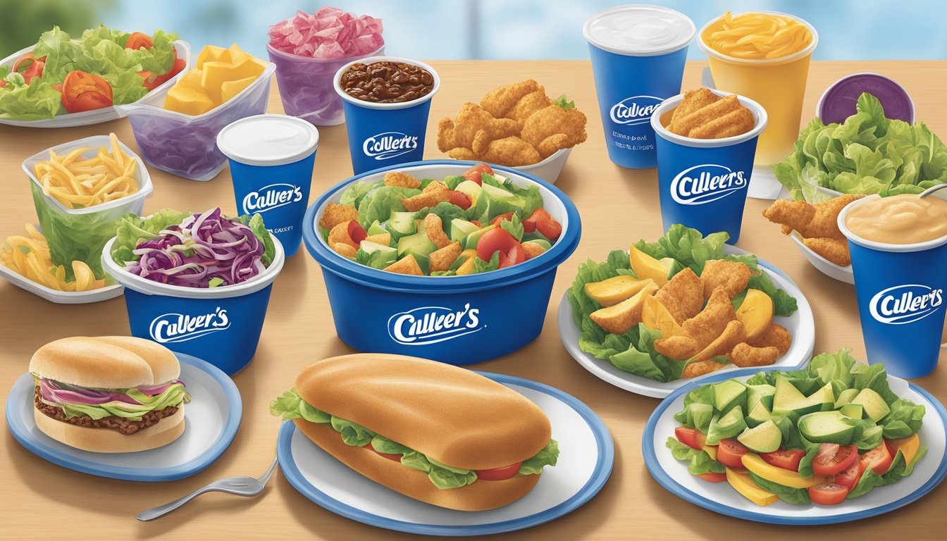 A colorful menu board at Culver's displays a variety of healthy options, including salads, grilled chicken sandwiches, and fruit cups