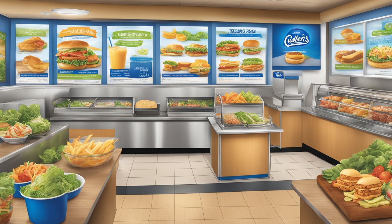 A colorful menu board showcasing fresh salads, grilled chicken sandwiches, and fruit smoothies at Culver's