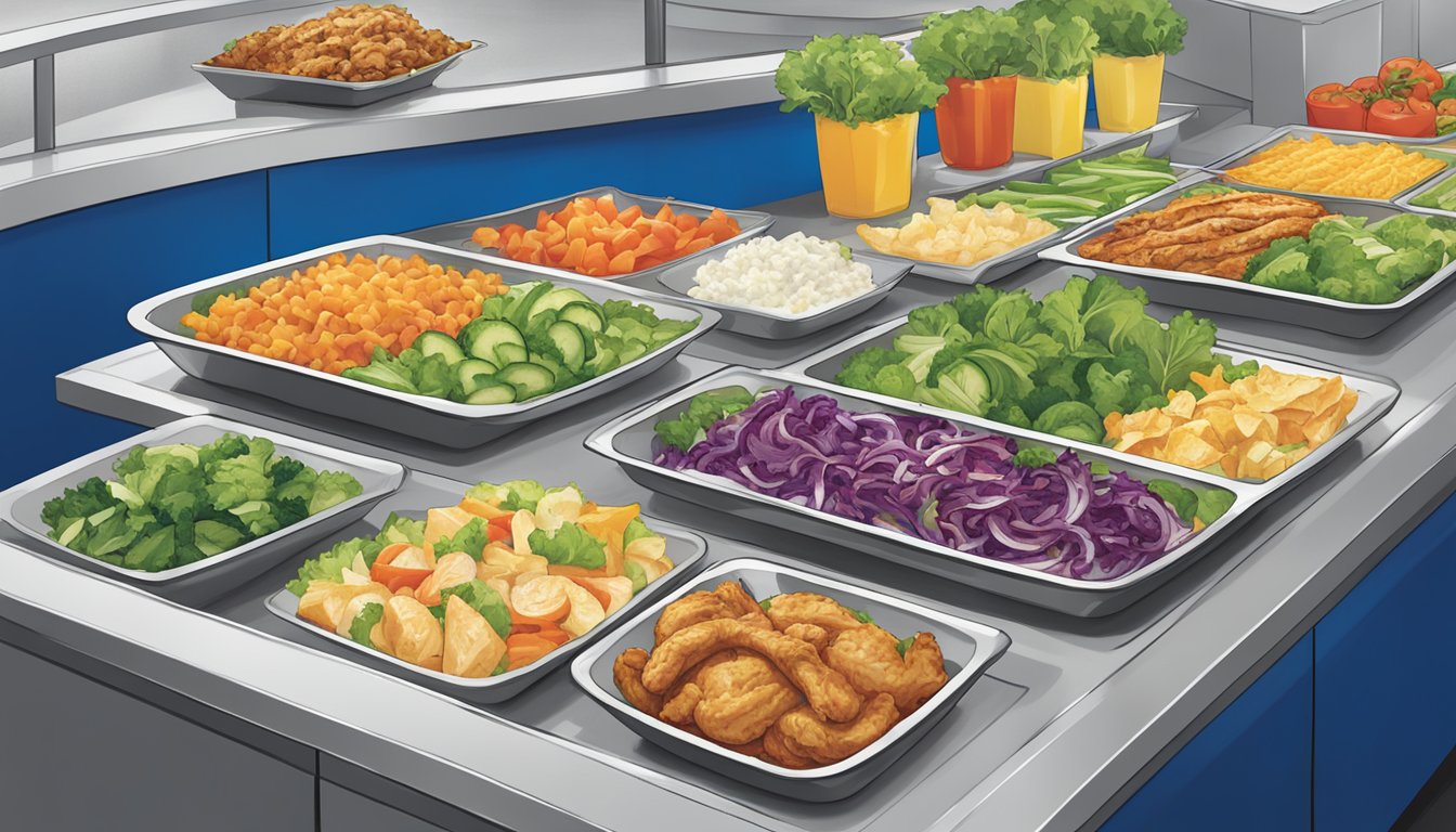 A colorful array of fresh salads, grilled chicken, and vegetable sides on a clean, modern serving counter at Culver's