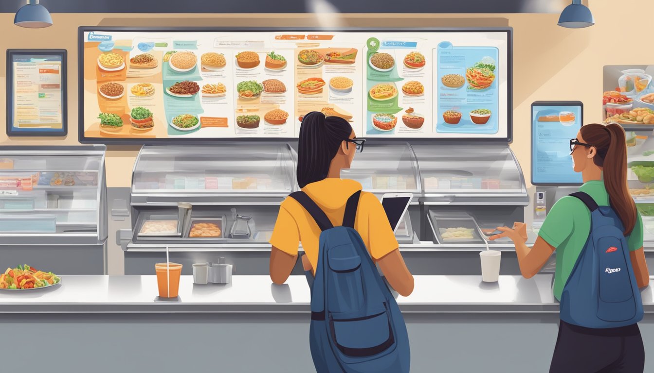 A person at a Dairy Queen counter pointing to a menu board with healthy food options, while a staff member takes notes on a tablet