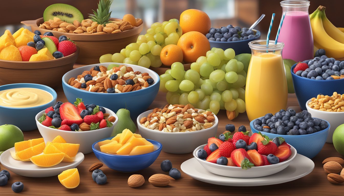 A variety of fresh fruits and nuts displayed on a wooden table, surrounded by colorful smoothie bowls and yogurt parfaits at a Culver's restaurant