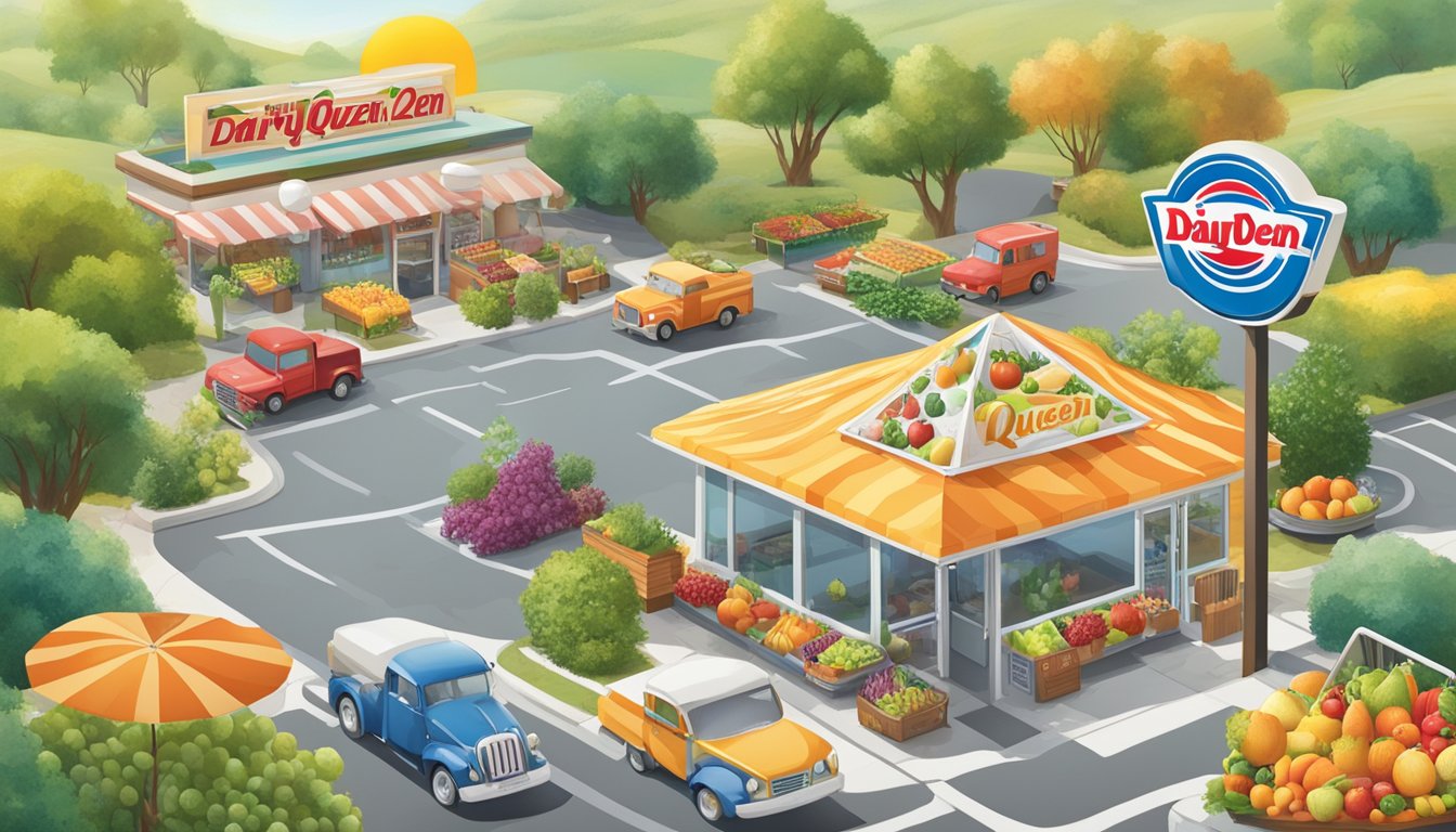 A sunny outdoor scene with a colorful variety of fresh fruits and vegetables, a dairy queen sign, and a map showing different regions