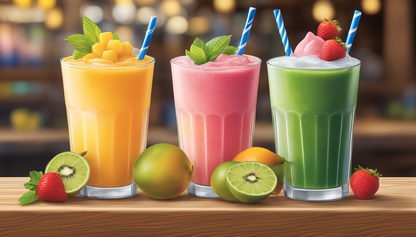 A colorful display of fresh fruit smoothies and iced teas on a rustic wooden counter at Culver's