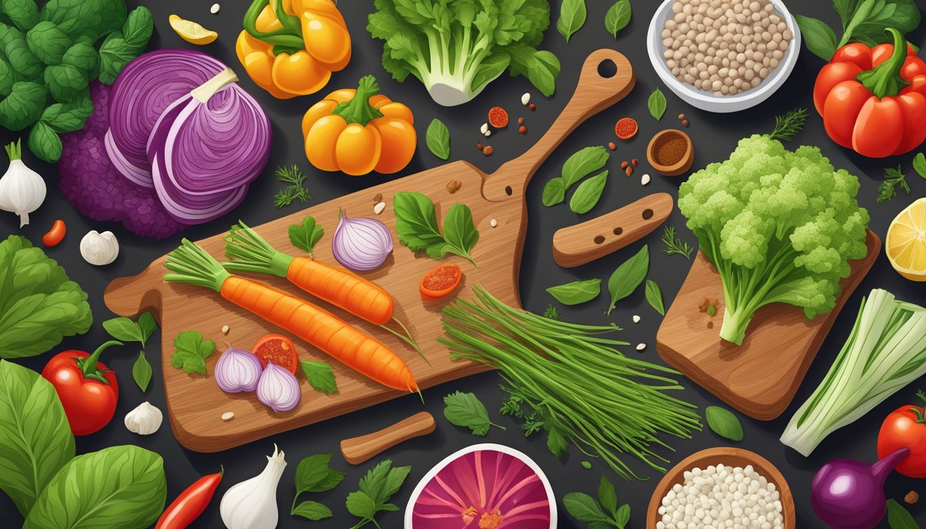 A colorful array of fresh vegetables and lean proteins arranged on a wooden cutting board, surrounded by vibrant herbs and spices