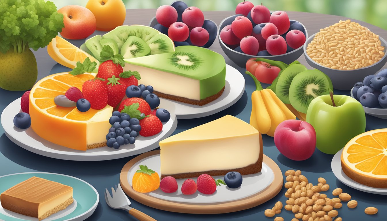 A colorful array of fresh fruits, vegetables, whole grains, and lean proteins arranged on a table, with a plate of decadent but healthy cheesecake in the center