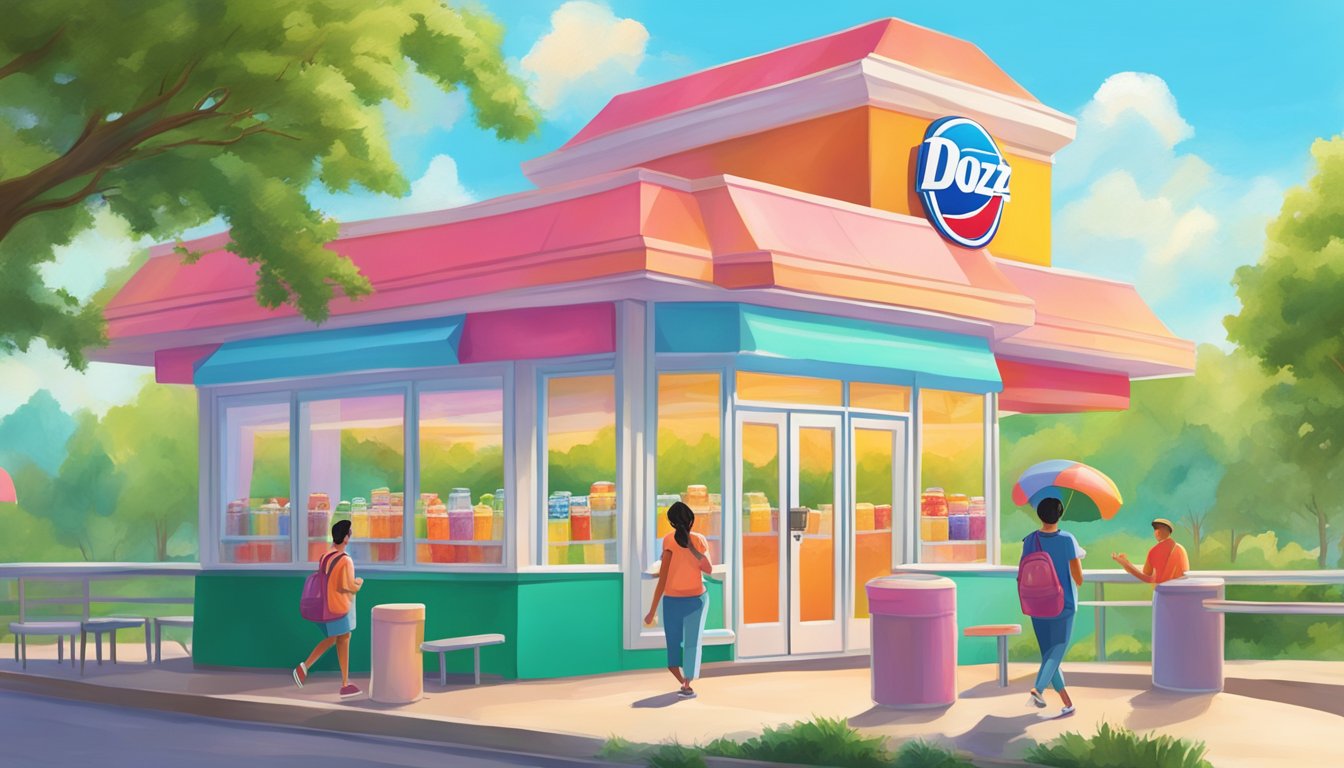 A person enjoying a colorful fruit smoothie while walking past a Dairy Queen, surrounded by lush greenery and a bright, sunny sky