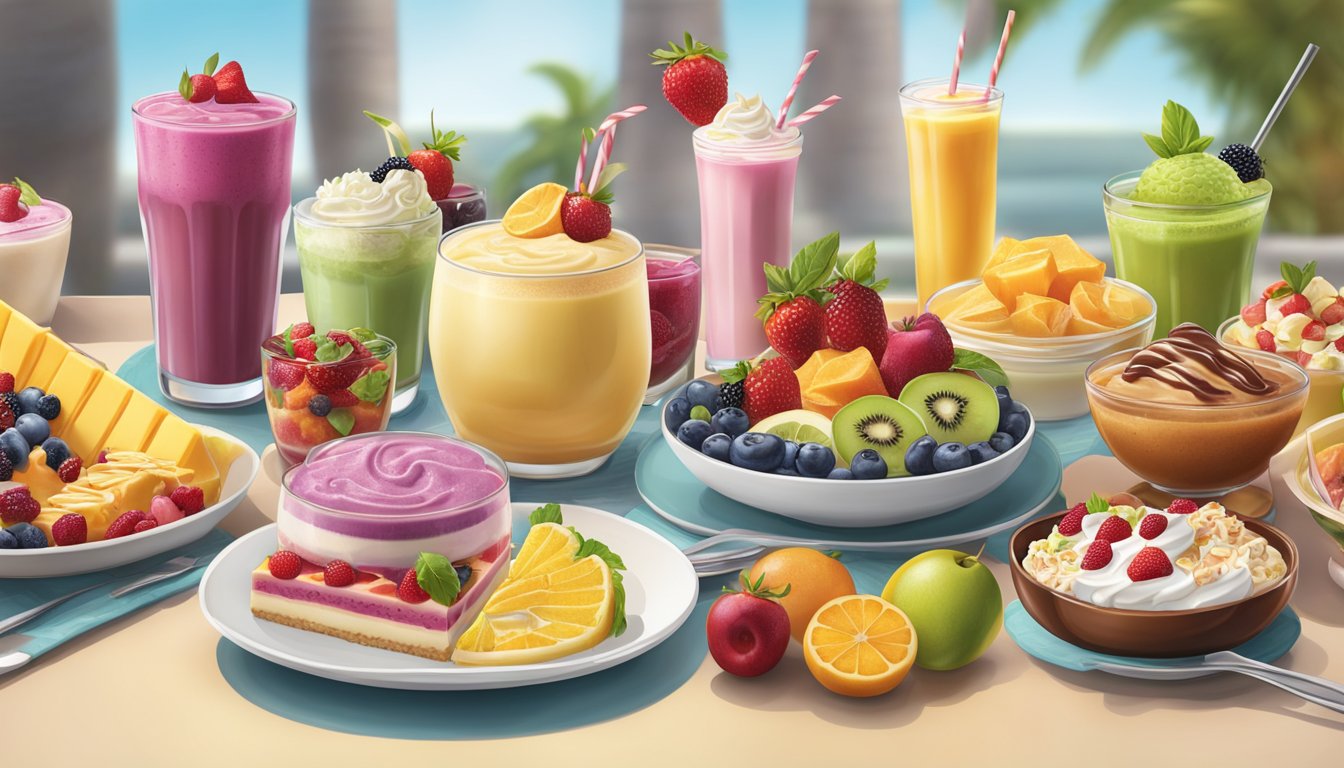 A table set with colorful fruit smoothies, salads, and a variety of decadent desserts from the Cheesecake Factory