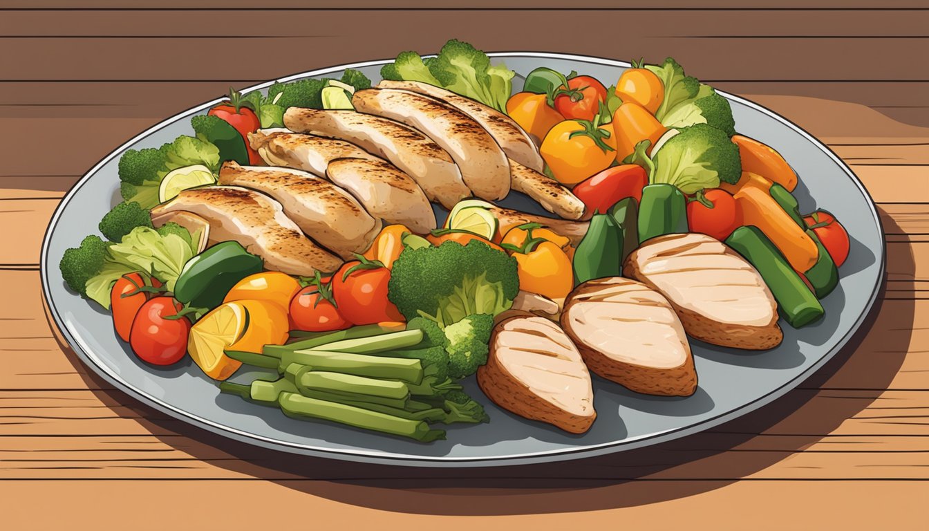 A colorful array of fresh vegetables and lean grilled chicken arranged on a clean, modern serving platter