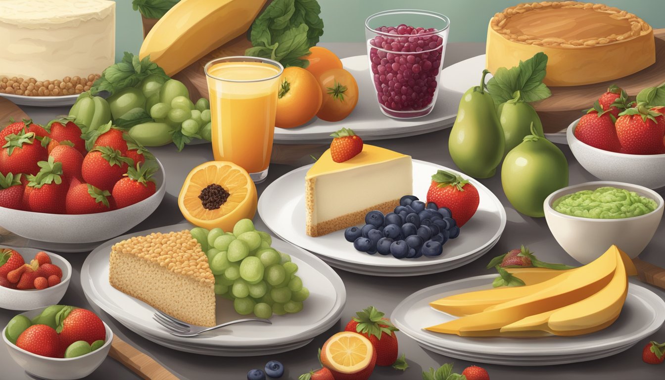 A table set with a variety of fresh fruits, vegetables, and whole grains, alongside a menu from the Cheesecake Factory