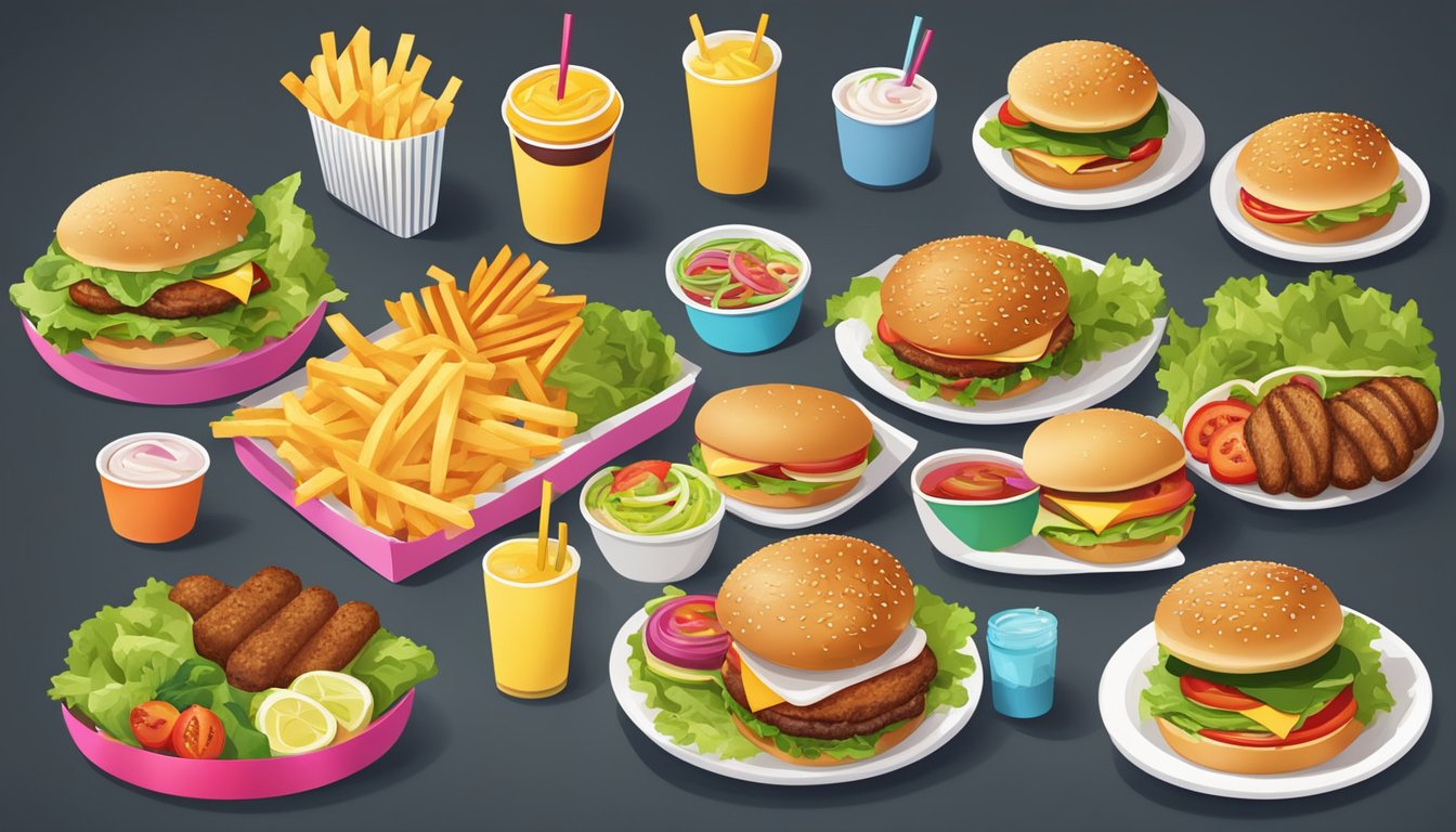 A colorful fast food spread with fresh salads, grilled chicken, and fruit cups alongside the usual burgers and fries