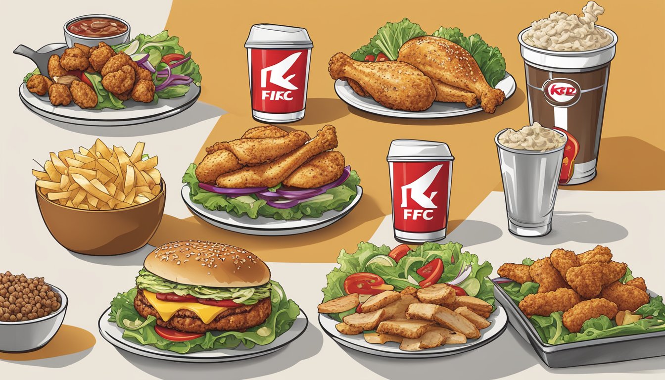 A variety of protein-rich options, including grilled chicken and salads, displayed alongside the Kentucky Fried Chicken logo