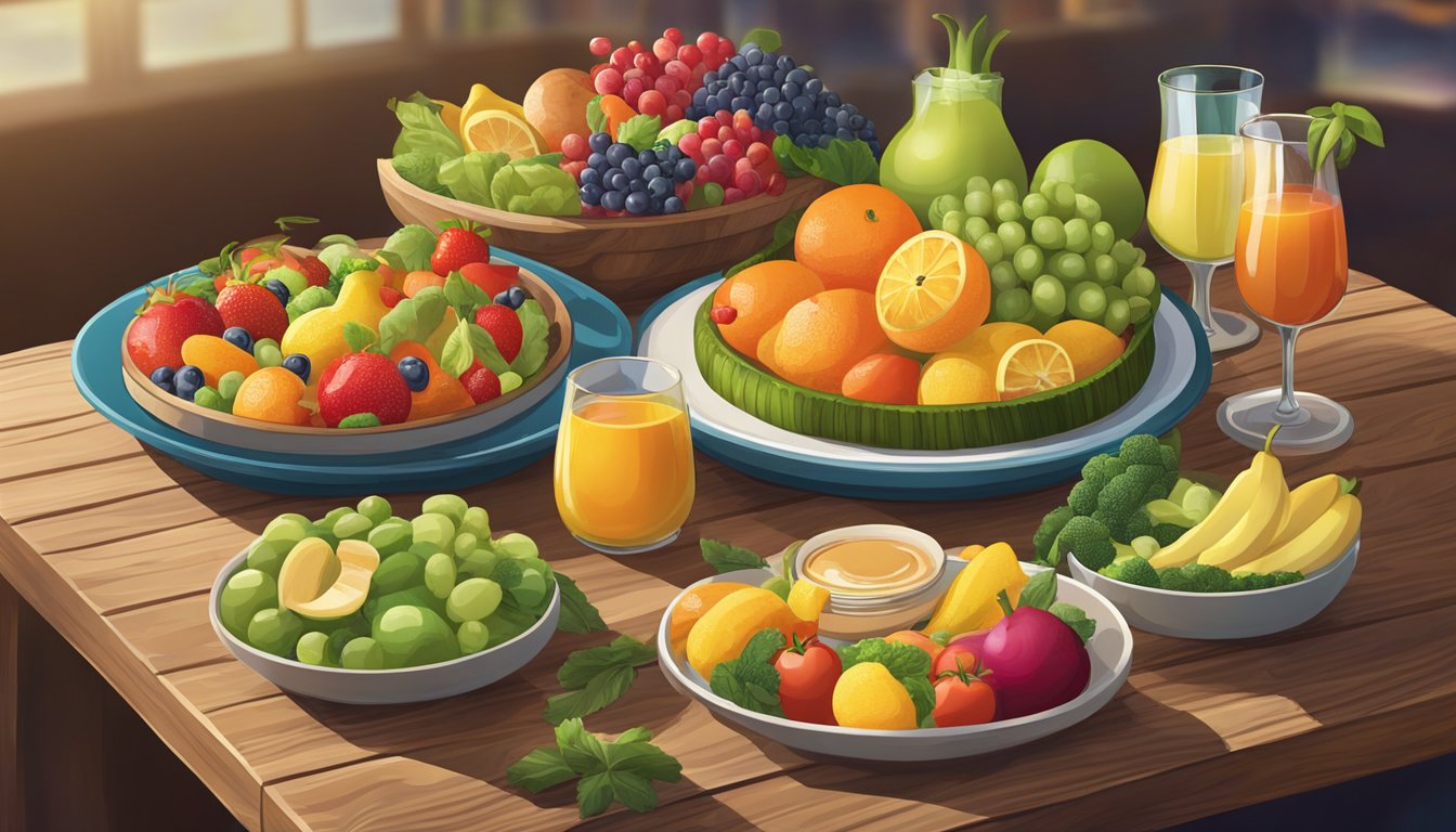 A colorful array of fresh fruits and vegetables arranged on a rustic wooden table, with a variety of healthy dishes from the Cheesecake Factory menu displayed in the background