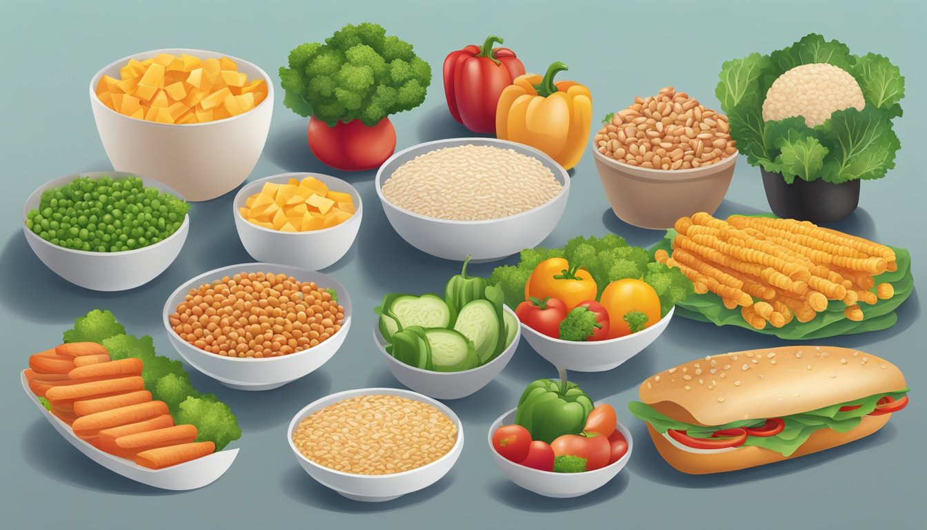 A colorful array of fresh vegetables and lean proteins displayed next to a variety of whole grain options, all neatly arranged in a fast food setting