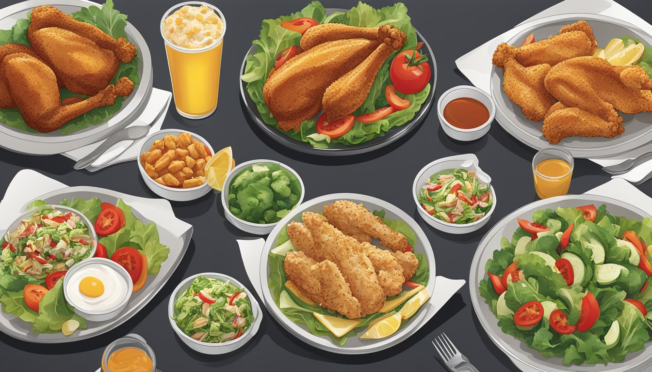 A table with a variety of healthy meal options from Kentucky Fried Chicken, including grilled chicken, salads, and vegetable sides