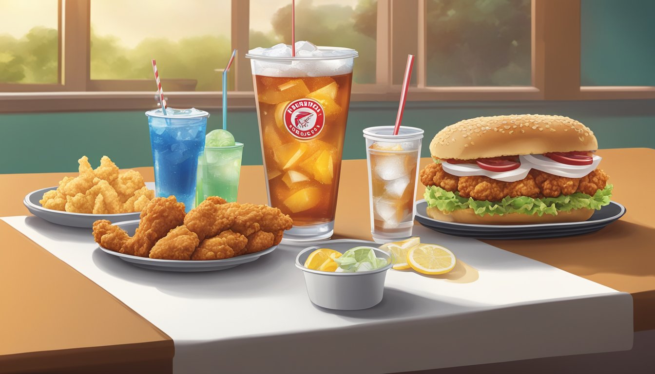 A table with a variety of beverage options, including water, unsweetened iced tea, and diet soda, next to a Kentucky Fried Chicken meal