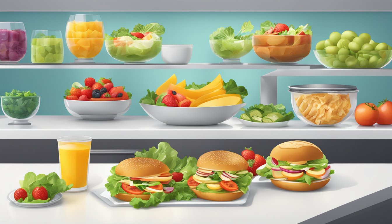 A colorful display of fresh salads, grilled chicken sandwiches, and fruit cups on a bright, modern counter