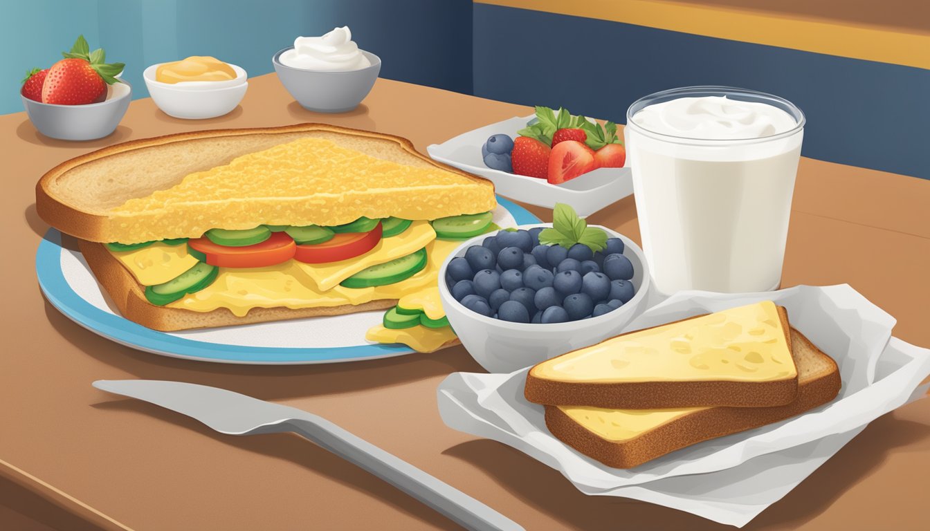 A colorful breakfast spread with fresh fruit, whole grain toast, yogurt, and a veggie omelette on a table, with the Jack in the Box logo in the background