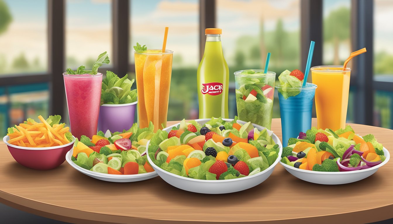 A colorful array of fresh salads, fruit cups, and bottled juices displayed alongside crispy vegetable sticks at a Jack in the Box restaurant