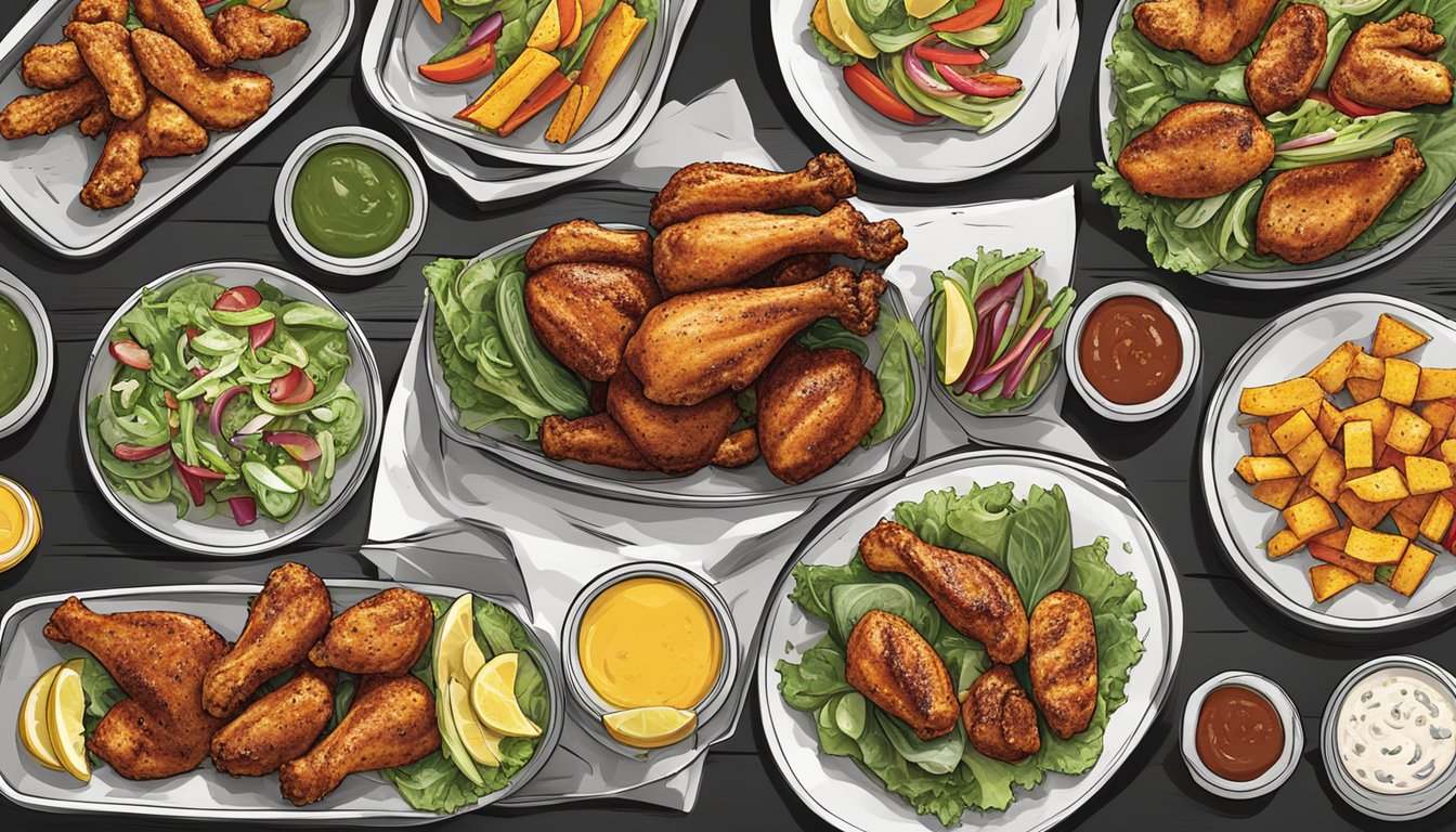 A table set with a variety of healthy menu options at Buffalo Wild Wings. Grilled chicken, fresh vegetables, and salads displayed alongside the traditional wings