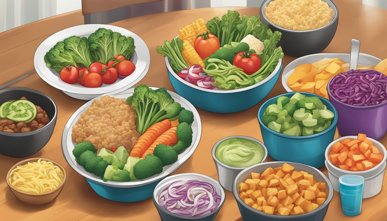 A colorful array of fresh vegetables and lean proteins arranged on a table, with a variety of healthy meal options from Jack in the Box