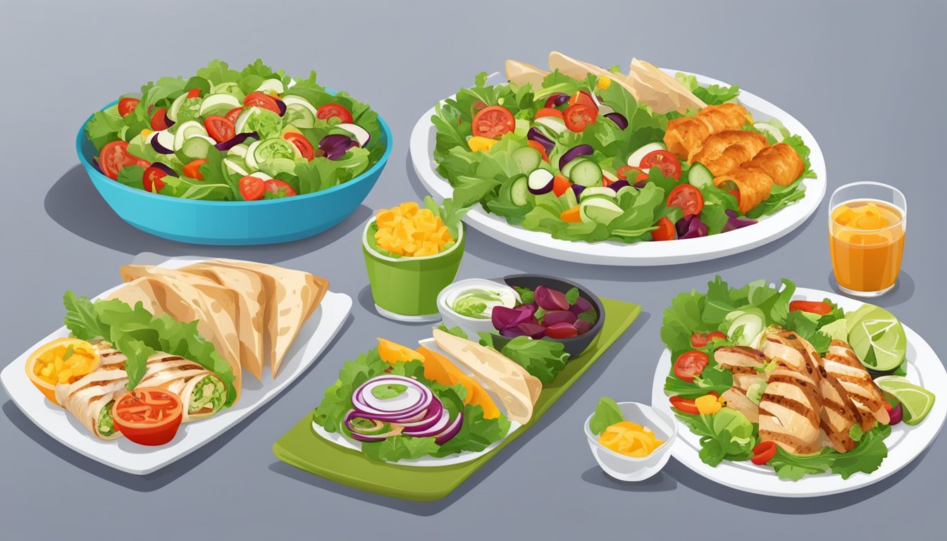 A table set with a variety of fresh salads, grilled chicken wraps, and vegetable platters, with colorful, vibrant ingredients and a clean, modern presentation